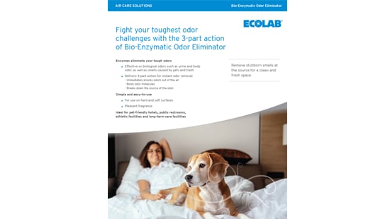 Ecolab bio enzymatic odor eliminator brochure explaining the three part action against odor challenges.